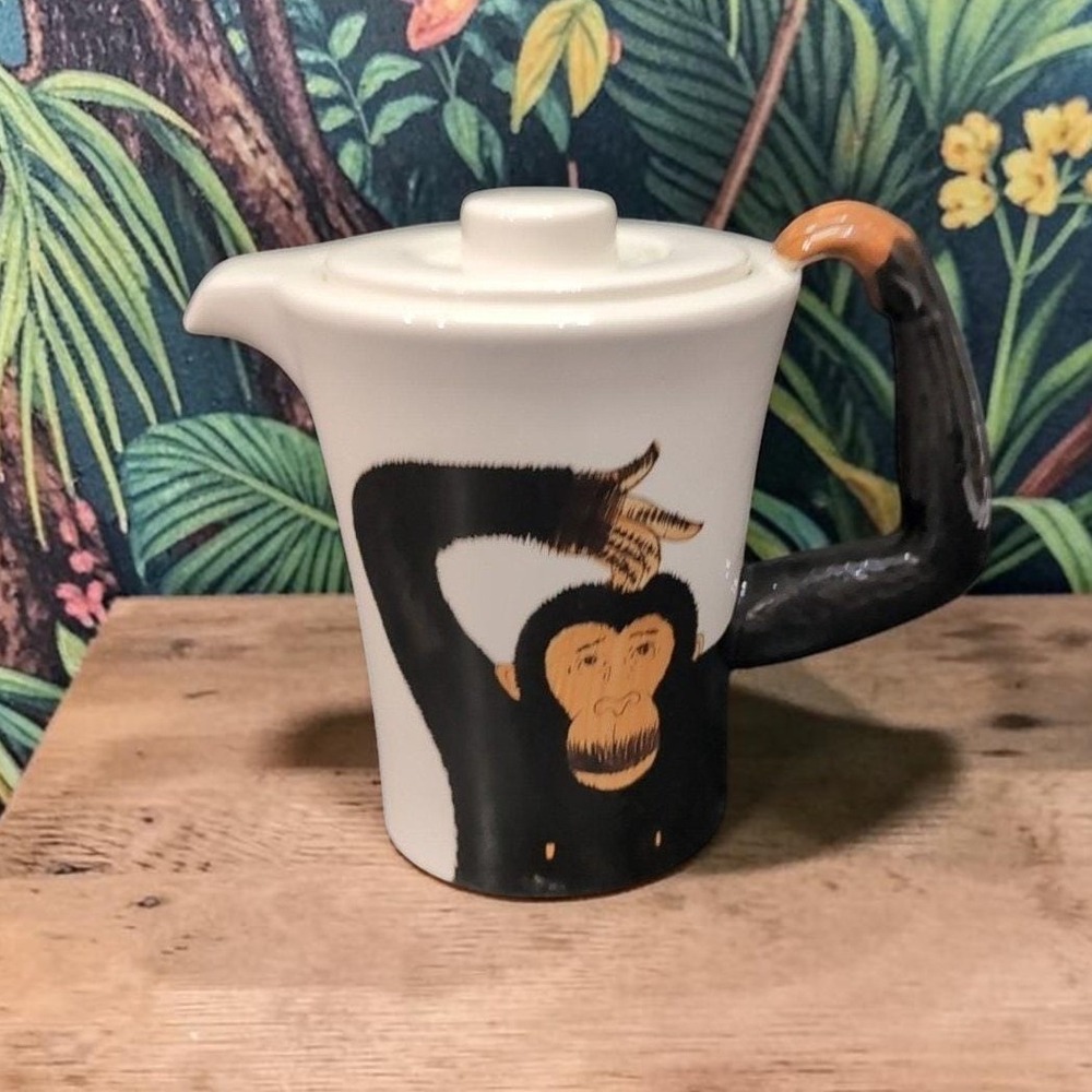 Pier 1 Imports Hand Painted Monkey Coffee Pot, Vintage Chimpanzee Lidded Pitcher